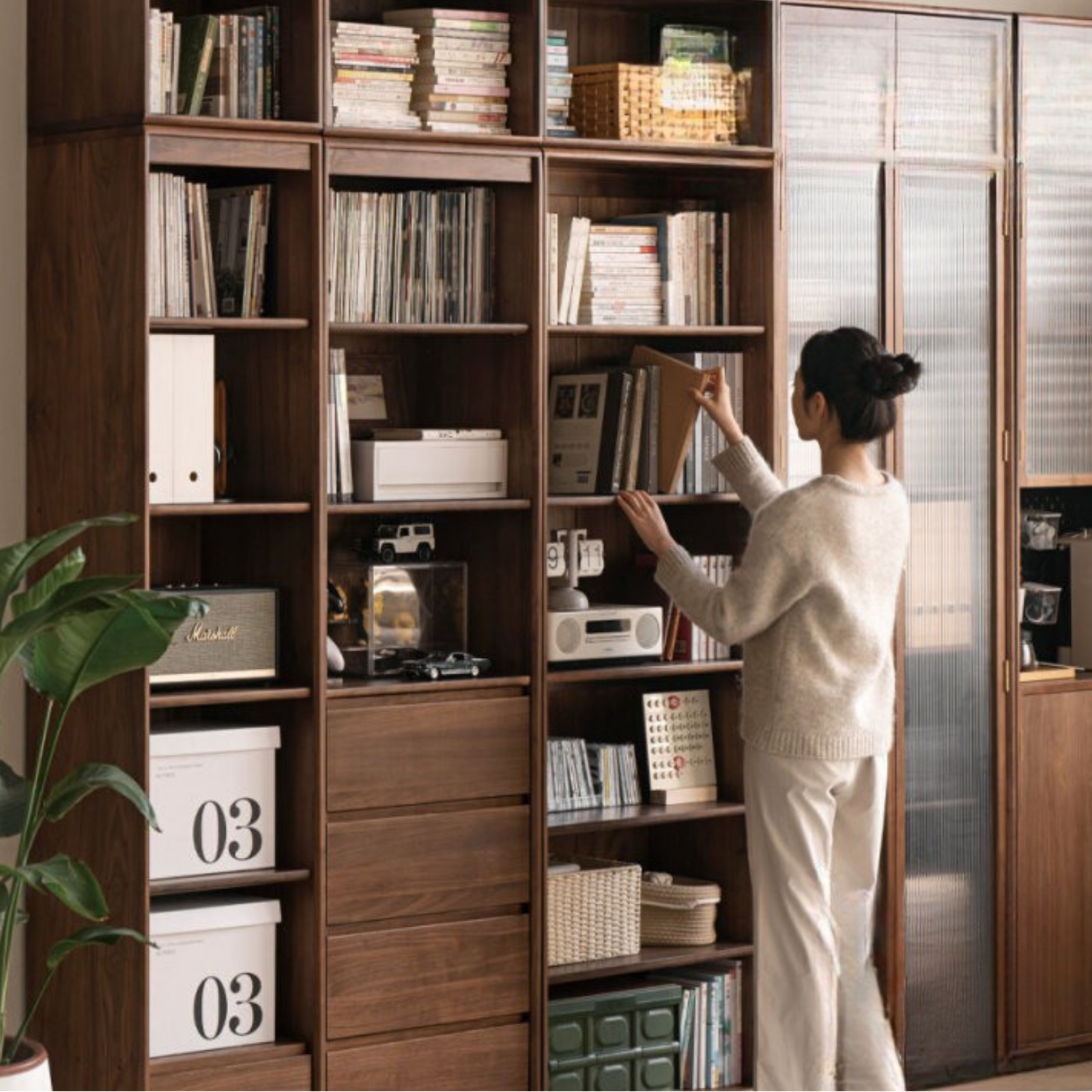 Black Walnut Solid Wood Bookcase Display Glass Door Storage Cabinet