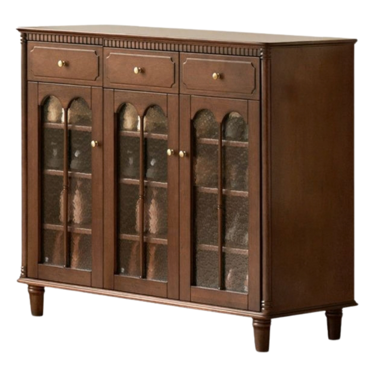 Solid Longan Hardwood French Vintage Shoe Cabinet with Arched Glass Doors and Adjustable Shelves
