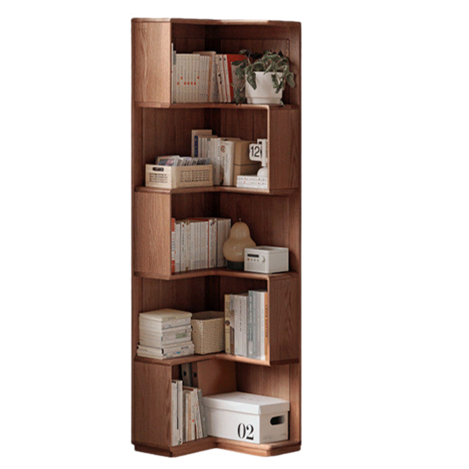 Oak Solid Wood Corner Bookshelf with Floor-Standing Storage Cabinet