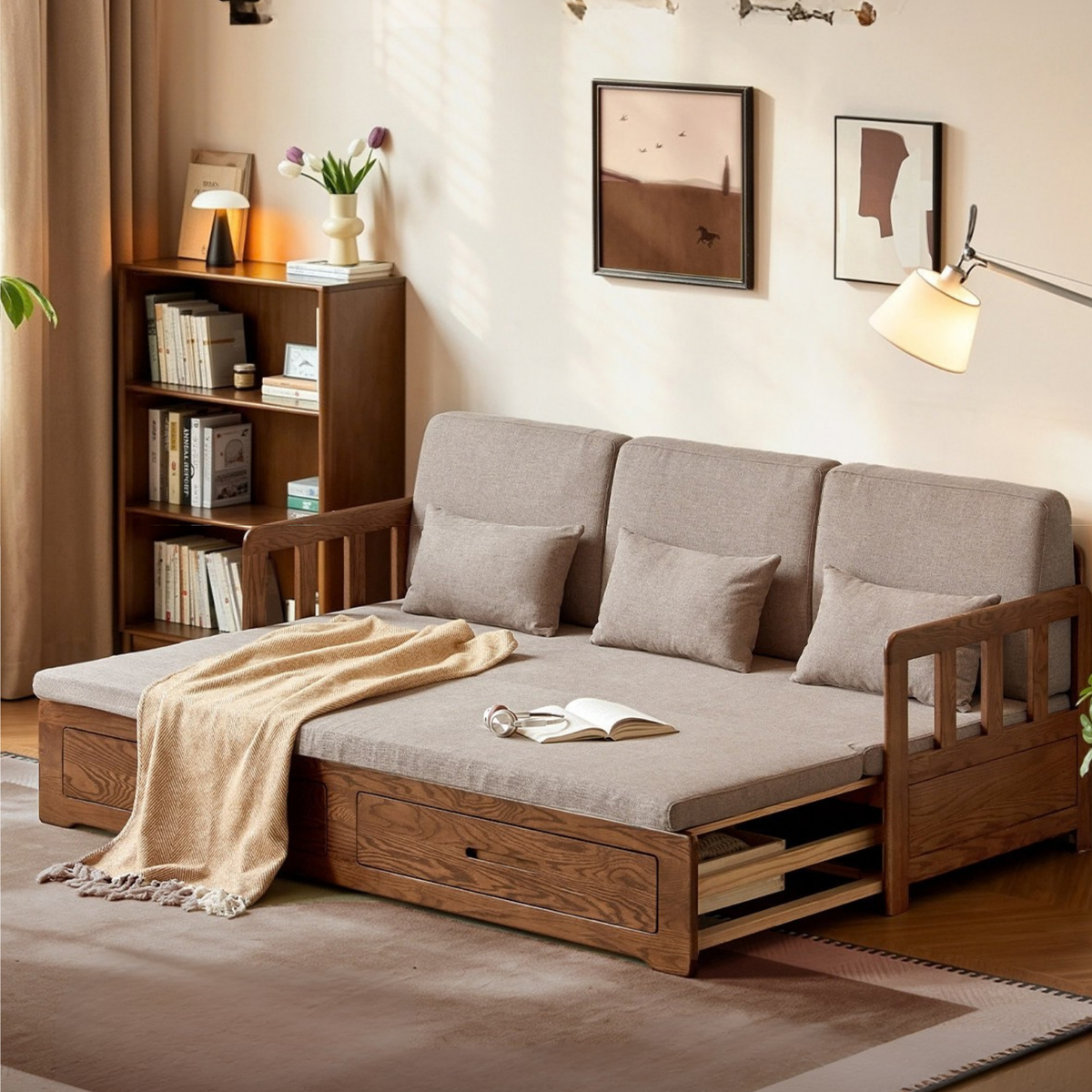Oak Solid Wood Spindle Daybed with Trundle and Storage Drawers