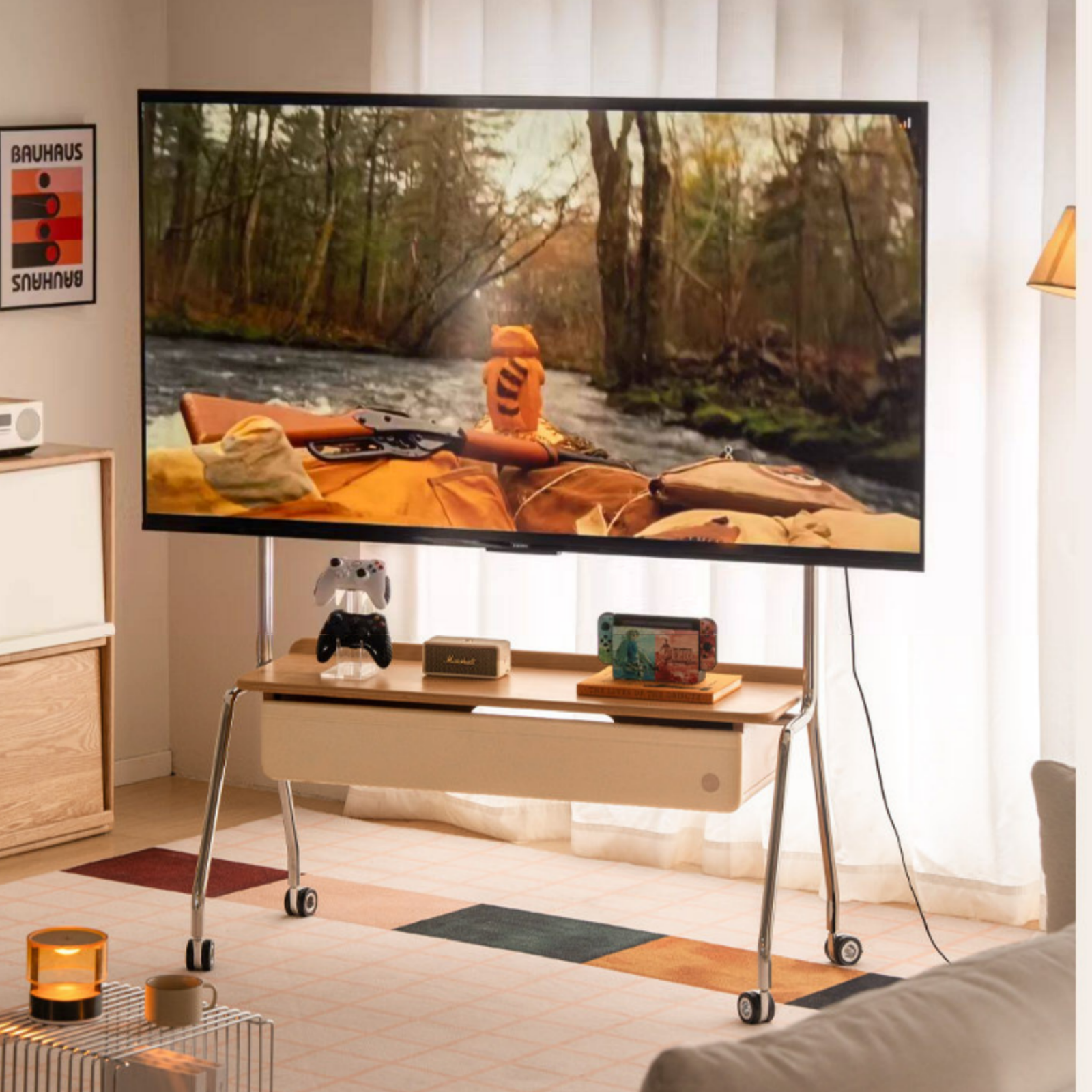 Beech Solid Wood Floor-Standing TV Stand with Modern Minimalist