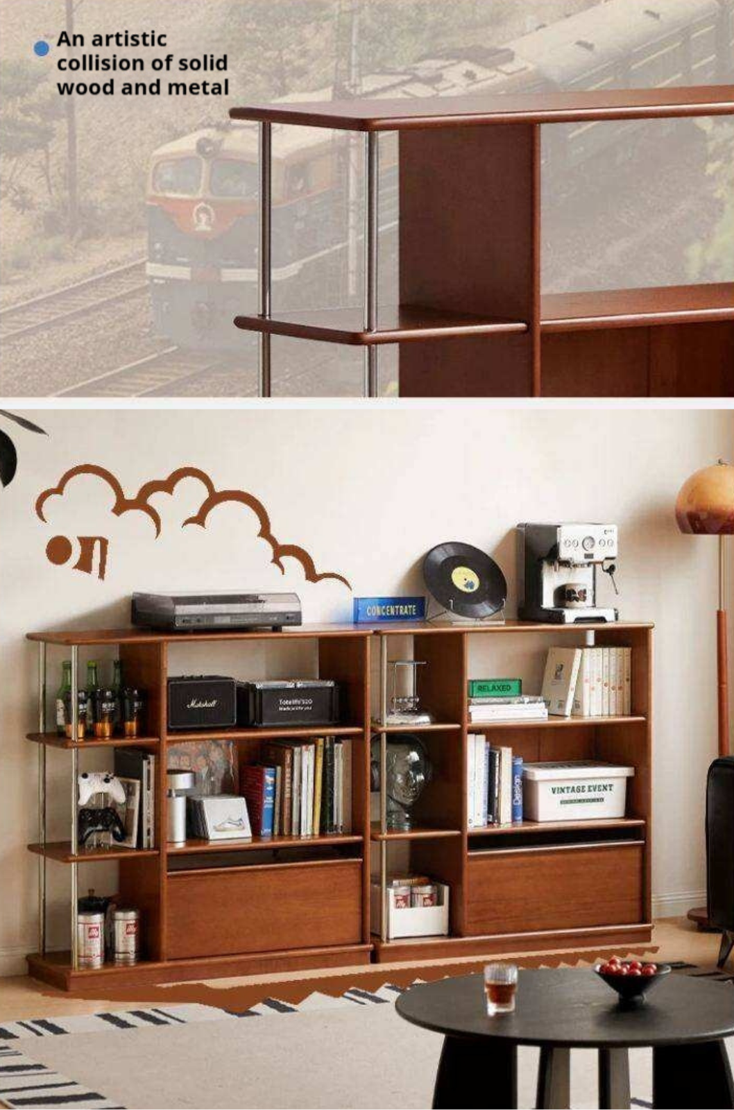Poplar Solid Wood Bauhaus Style Bookcase with Floor-Standing Storage Cabinet