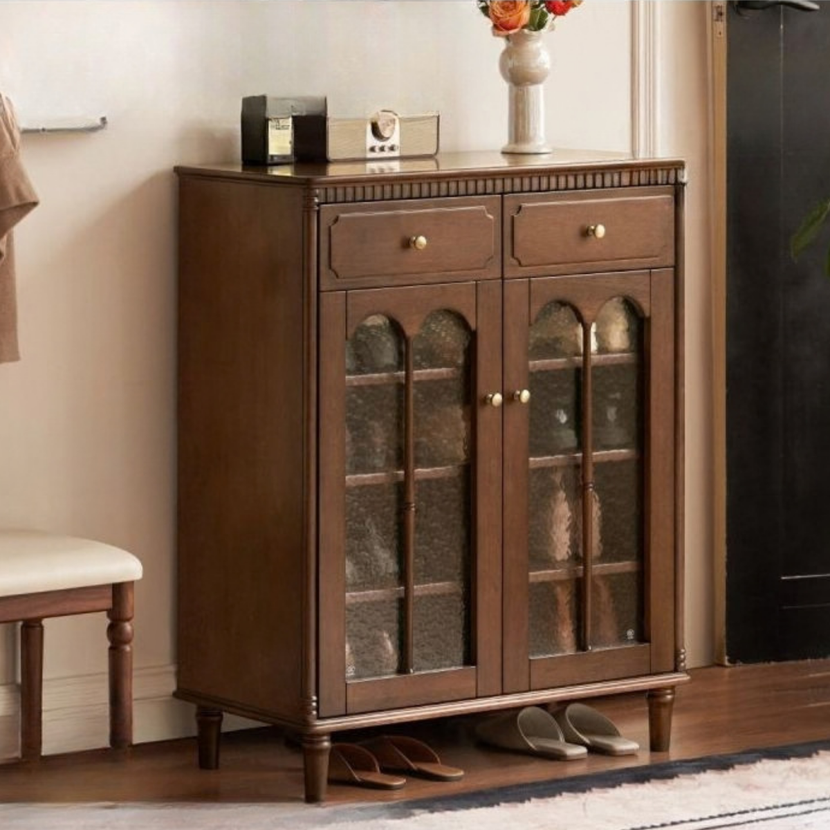 Solid Longan Hardwood French Vintage Shoe Cabinet with Arched Glass Doors and Adjustable Shelves