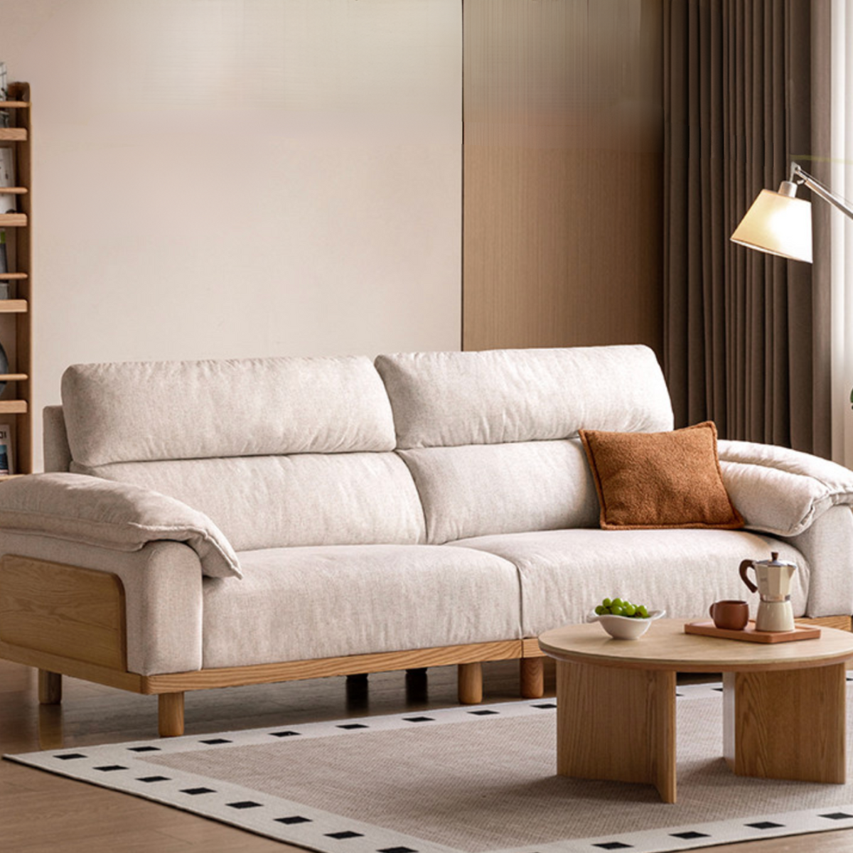 Oak Solid Wood Frame Fabric Sofa with Cotton-Linen Blend Upholstery