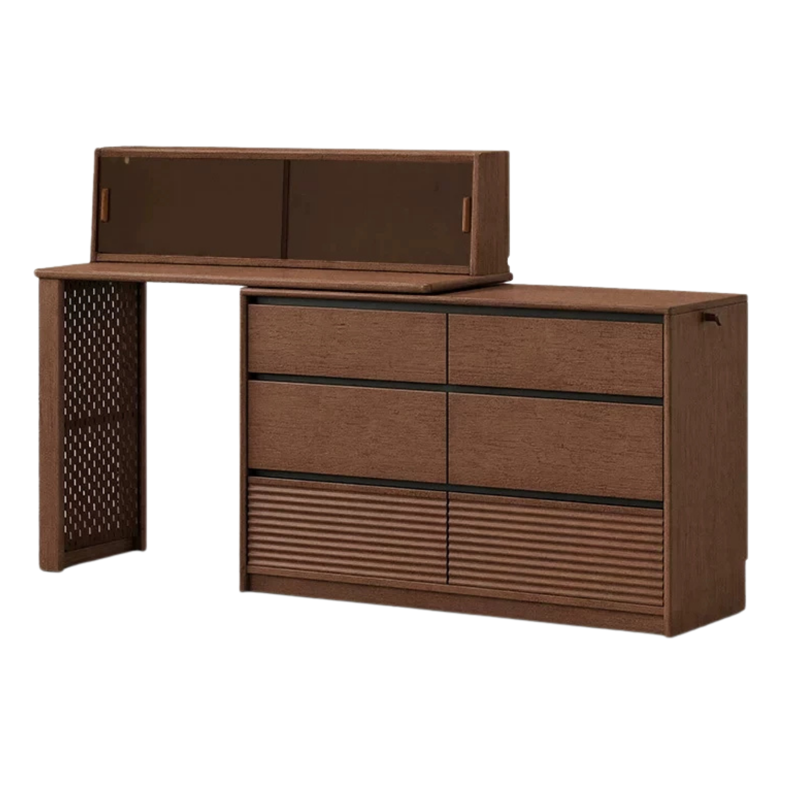 Black Walnut, Sandawood Dresser with Pull-Out Vanity Desk and Lighted Mirror