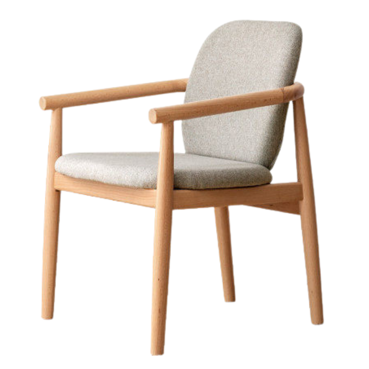 Beech Solid Wood Upholstered Armchair with Exposed Wood Frame and Round Tubular Arms