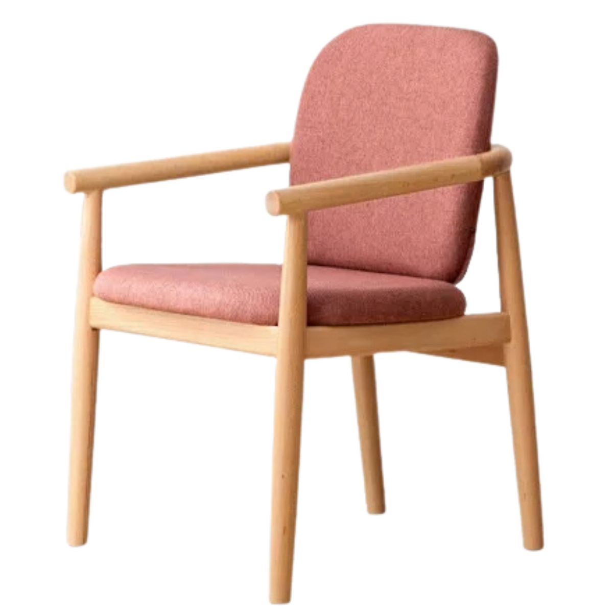 Beech Solid Wood Upholstered Armchair with Exposed Wood Frame and Round Tubular Arms