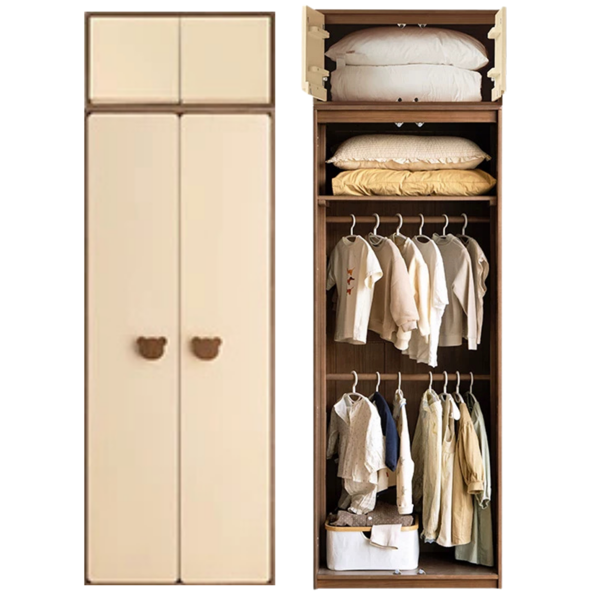 Solid RubberWood Kids Wardrobe Closet with Bear Handles and Storage Drawers