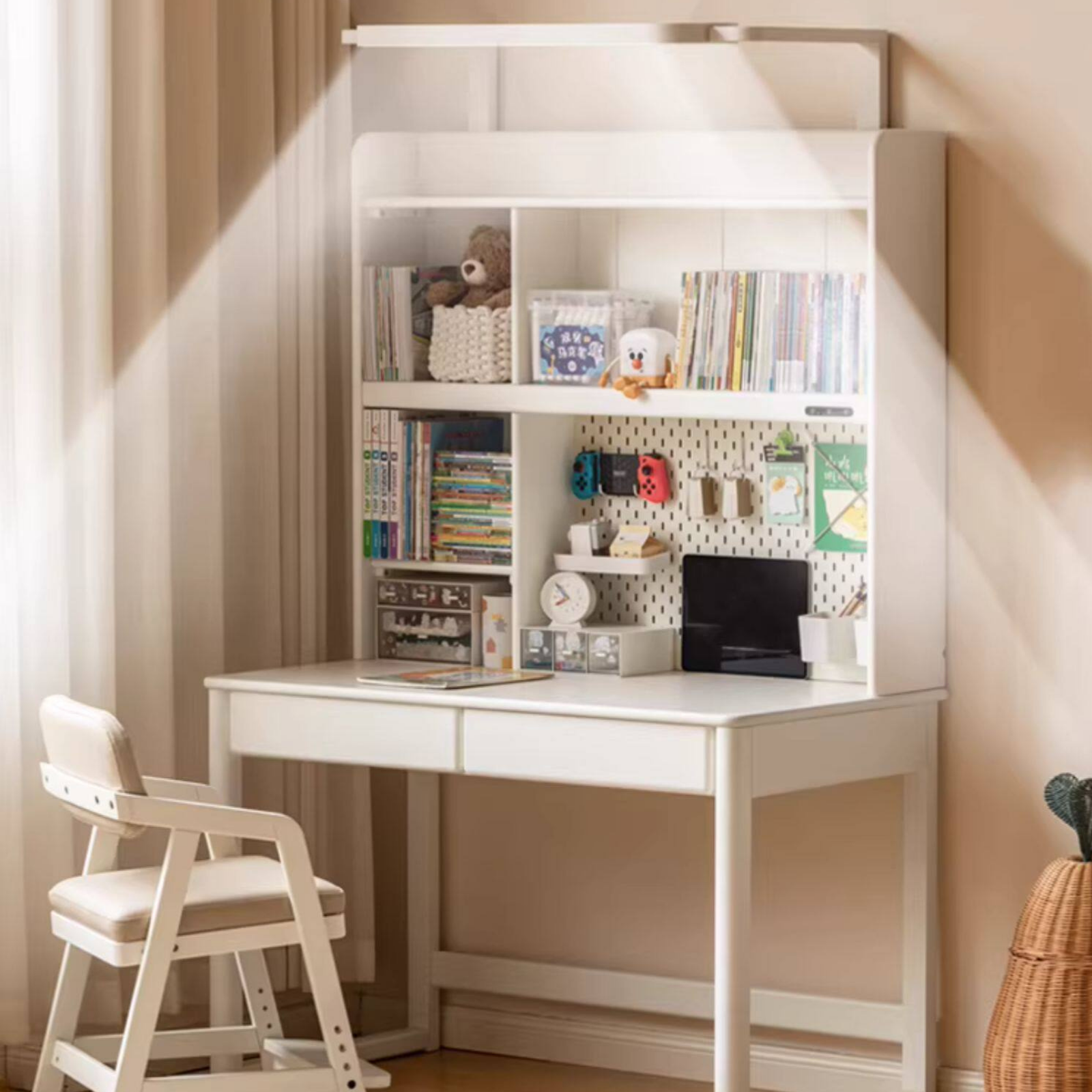 Solid RubberWood Cream Style Bookshelf Integrated Kids Table