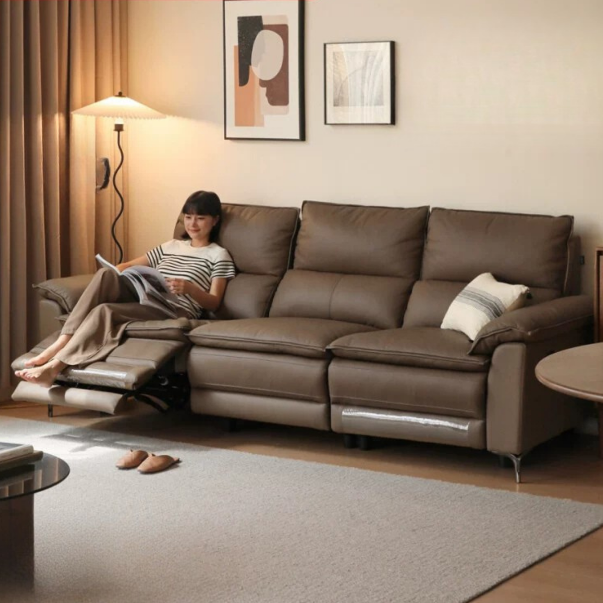 Genuine leather zero-wall electric reclining sofa adjustable headrest, deep cushioned seats
