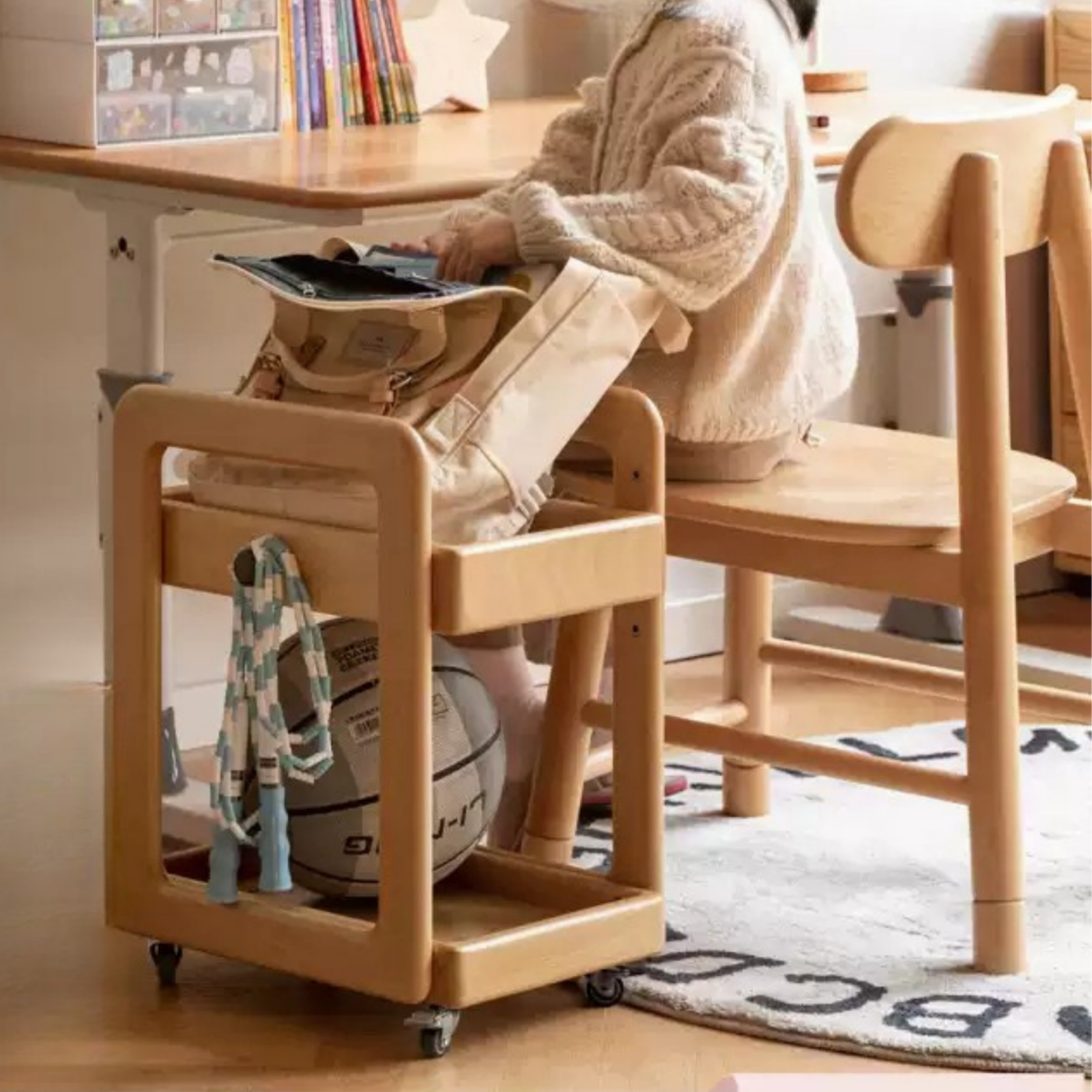 Beech Solid Wood, Solid RubberWood Kids Under-the-Table Mobile Modern Cabinet