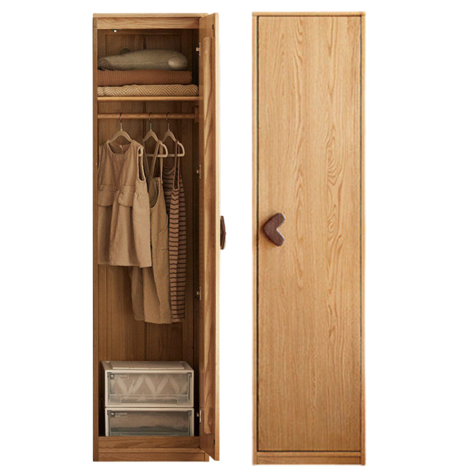 Oak Solid Wood Kids Wardrobe Armoire with Open Shelf and Drawer Combo