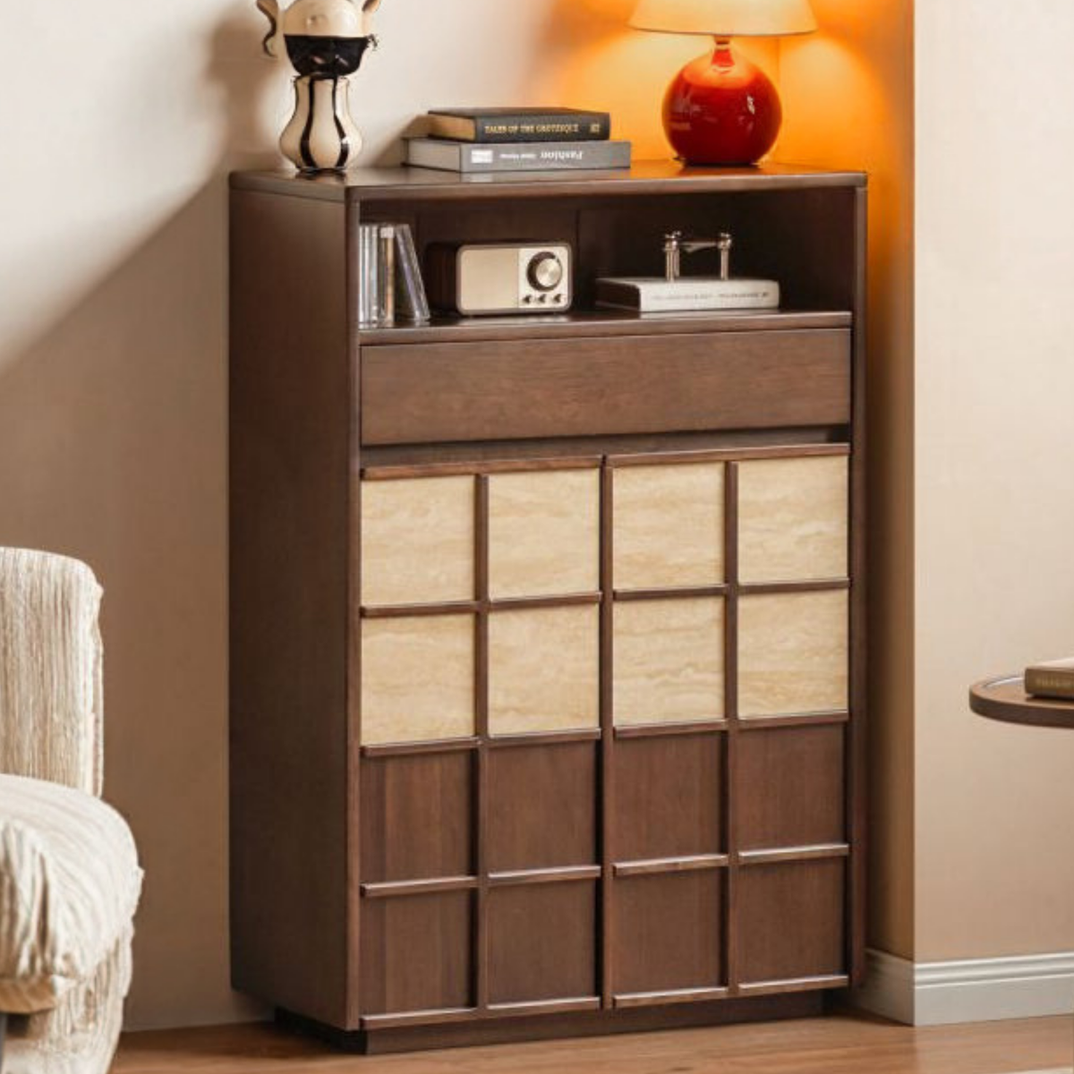 Solid Longan Hardwood Tall Storage Cabinet with Checkerboard Walnut and Stone-Look Panel Doors