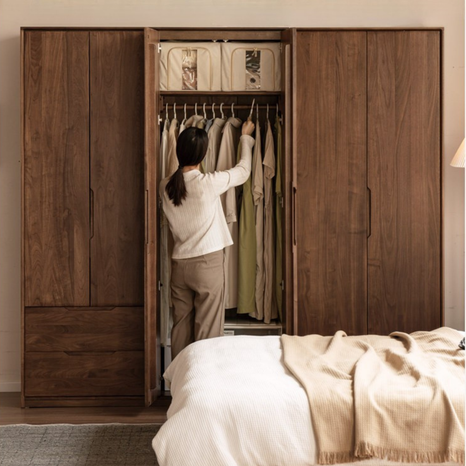 Black Walnut, Sandalwood Solid Wood Large Wardrobe.