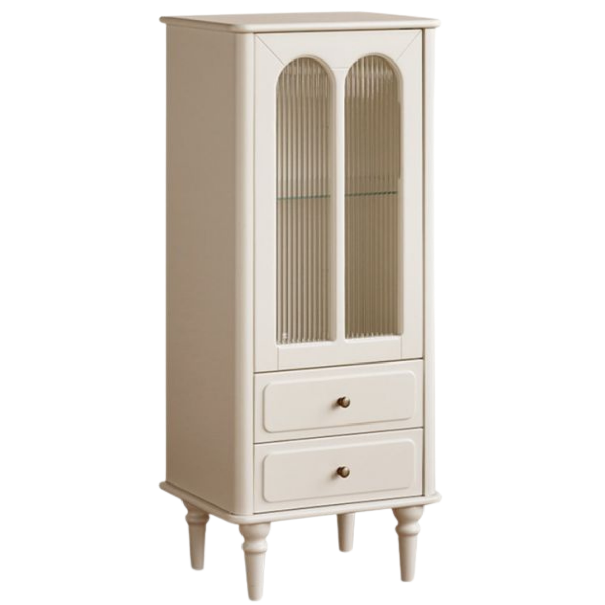 Solid RubberWood French Accent Cabinet with Round Arch Glass Doors and Turned Legs