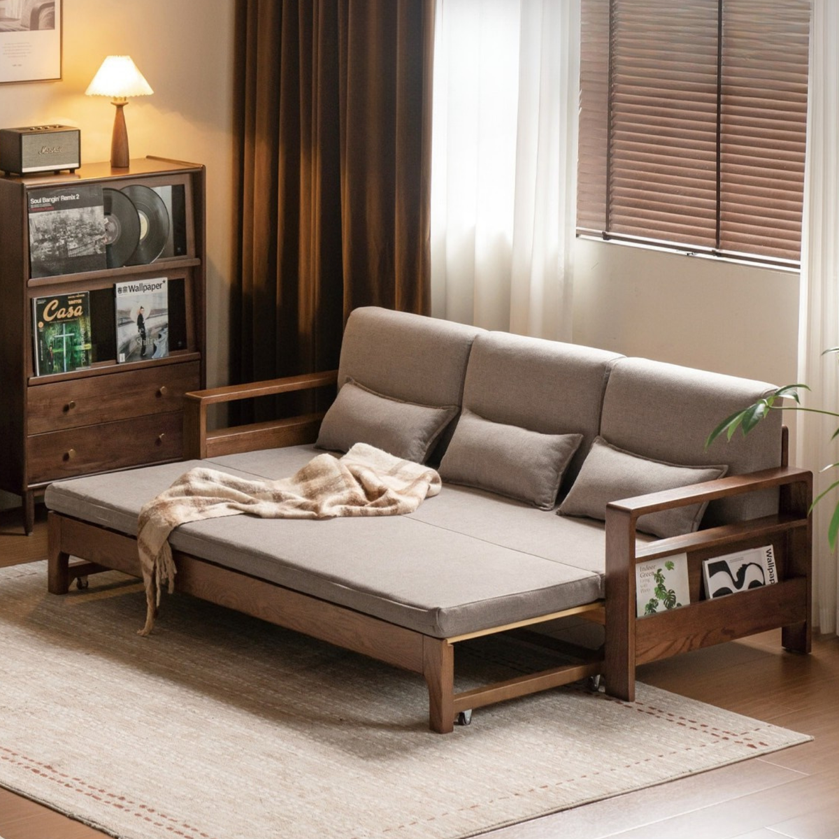 Oak, Beech Sofa Bed with Wood Frame and Side Storage Pocket