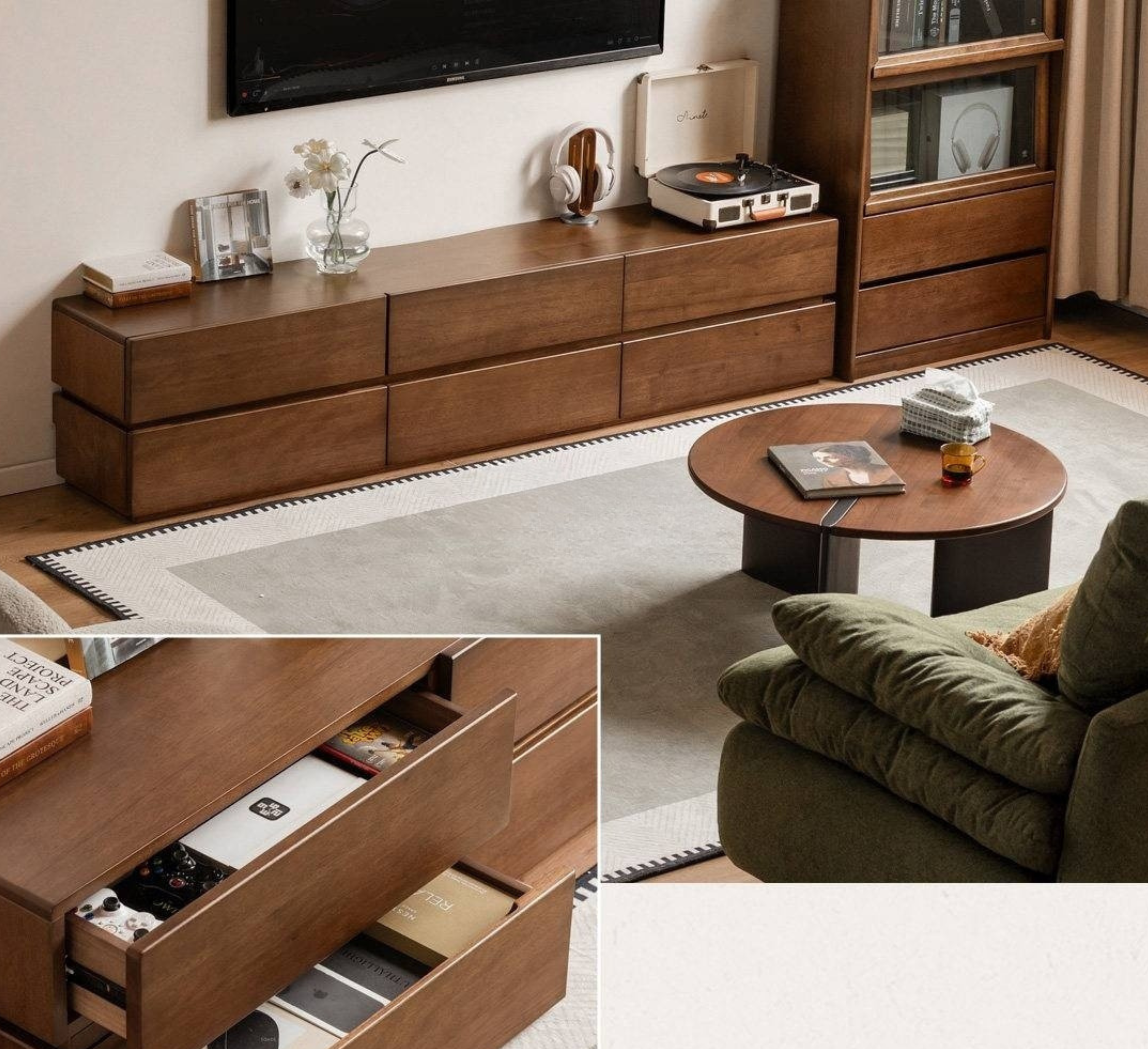 Solid Longan Hardwood Floating Media Console with Push-Open Drawers