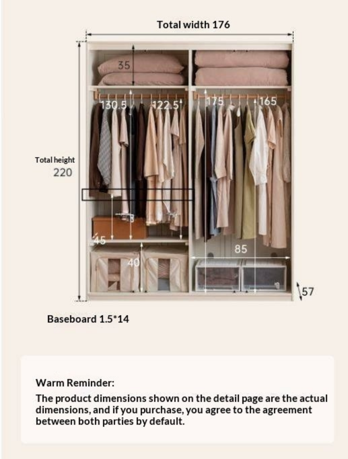 Pine Solid Wood Wardrobe with French Cream Finish and Double Doors