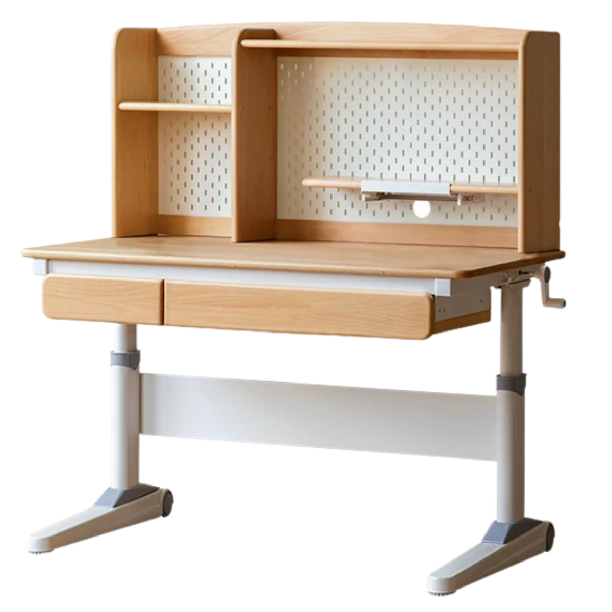 Beech Solid Wood Height-Adjustable Kids Desk with Bookshelf Hutch