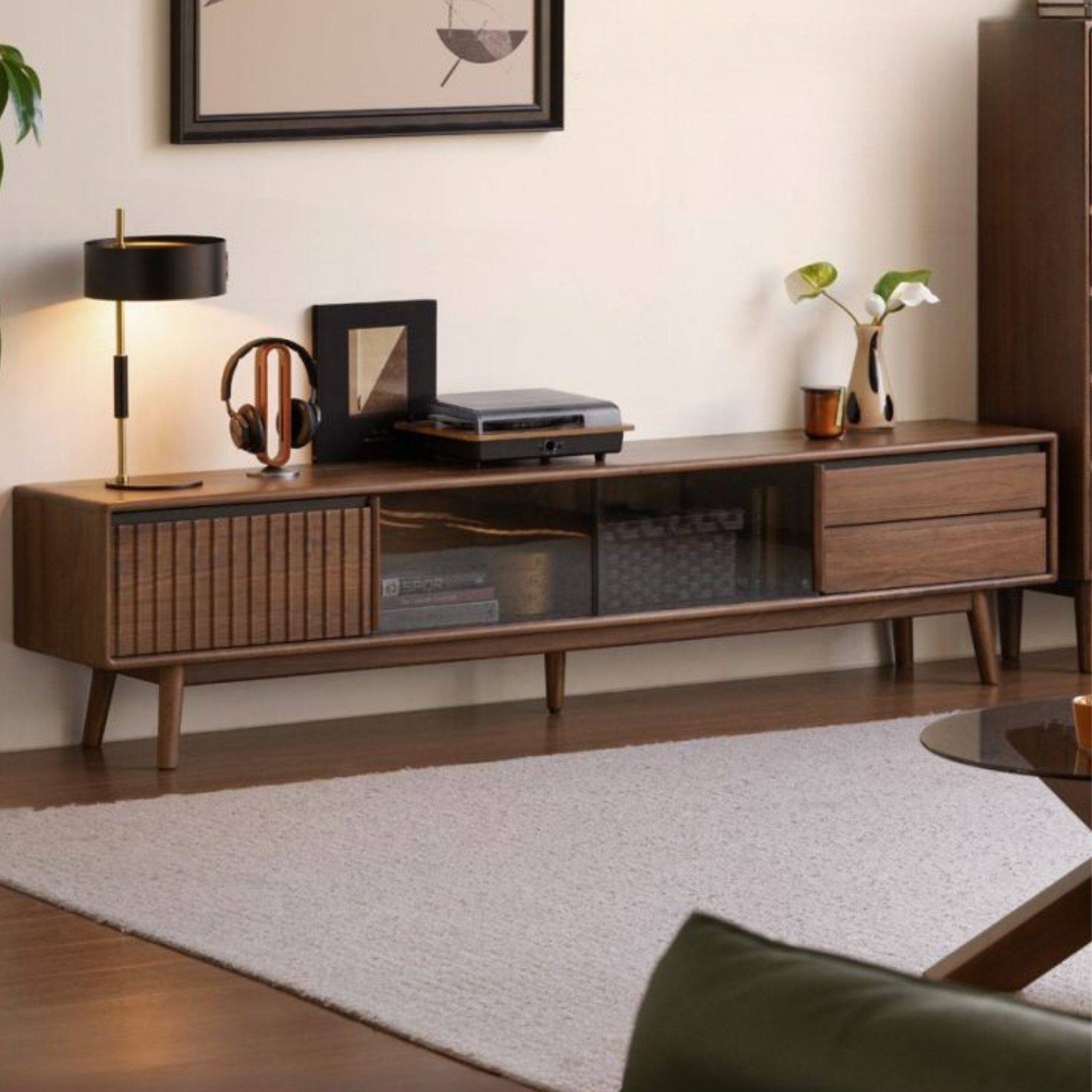 Black Walnut Solid Wood Italian Light Luxury Sliding Door TV Cabinet