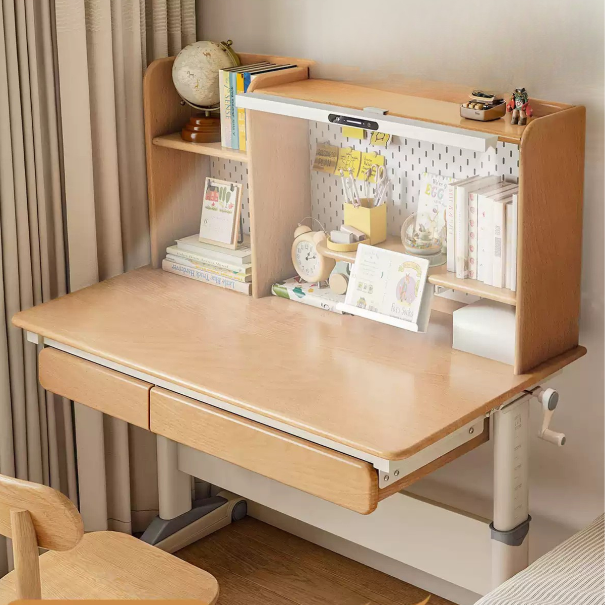 Beech Solid Wood Height-Adjustable Kids Desk with Bookshelf Hutch