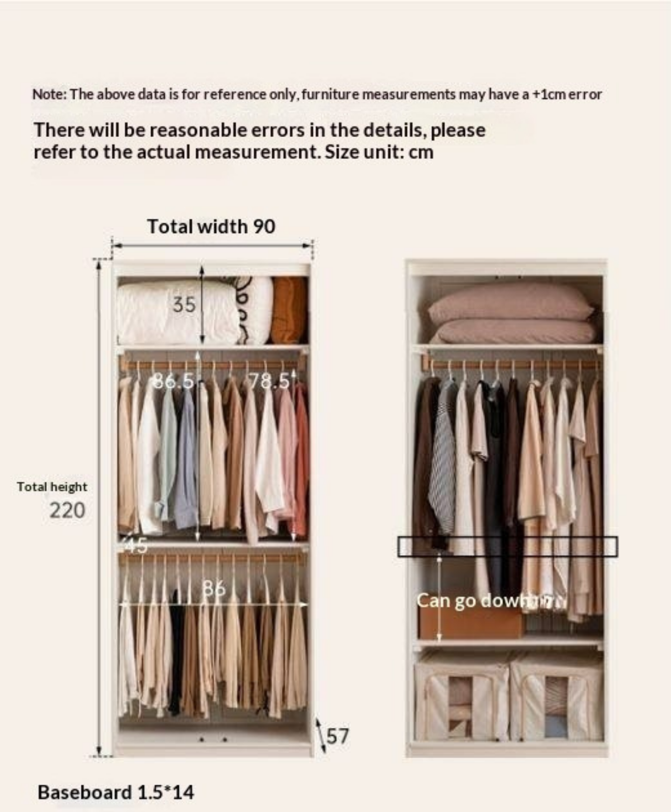 Pine Solid Wood Wardrobe with French Cream Finish and Double Doors
