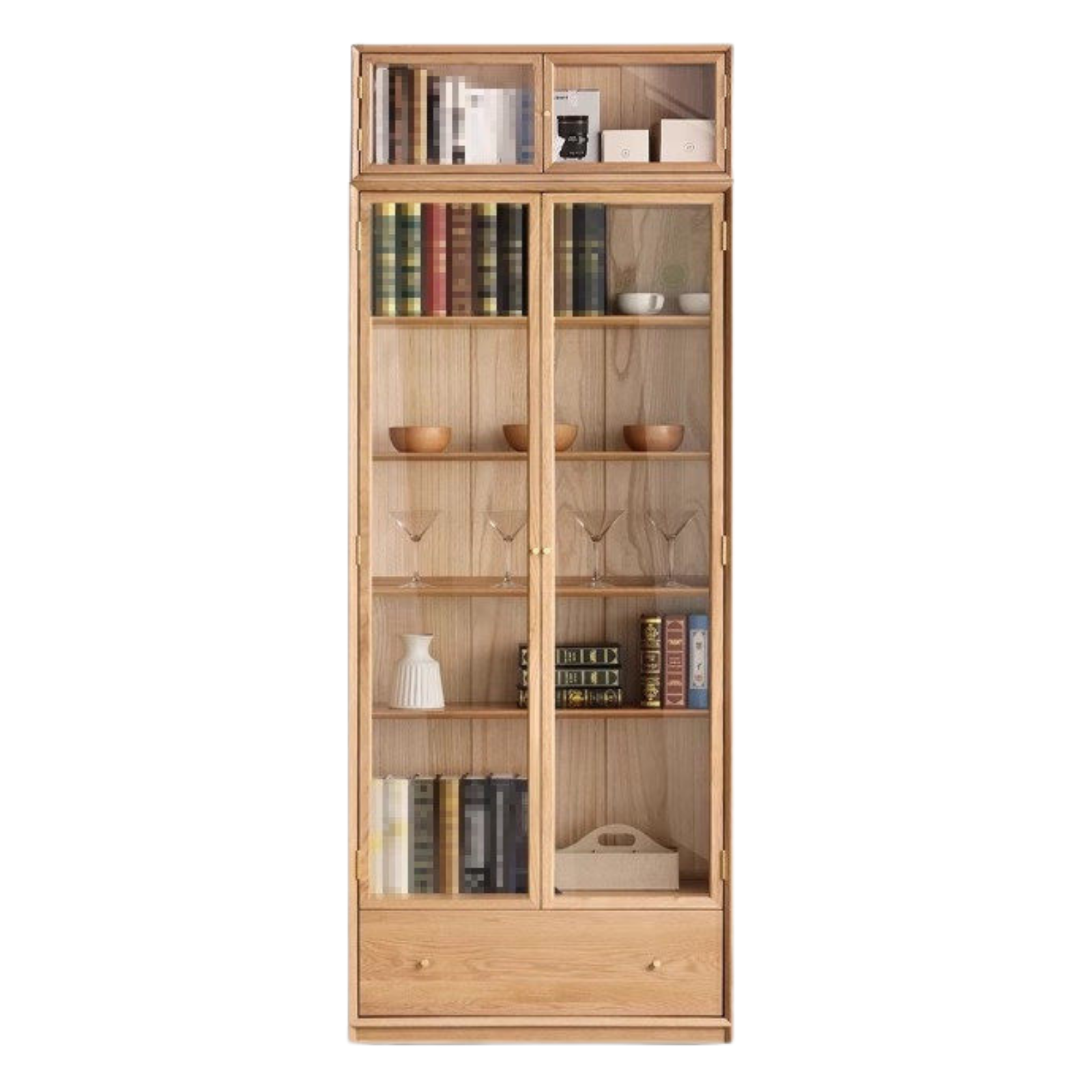 Oak Solid Wood Nordic Style Bookshelf with Floor Storage Cabinet