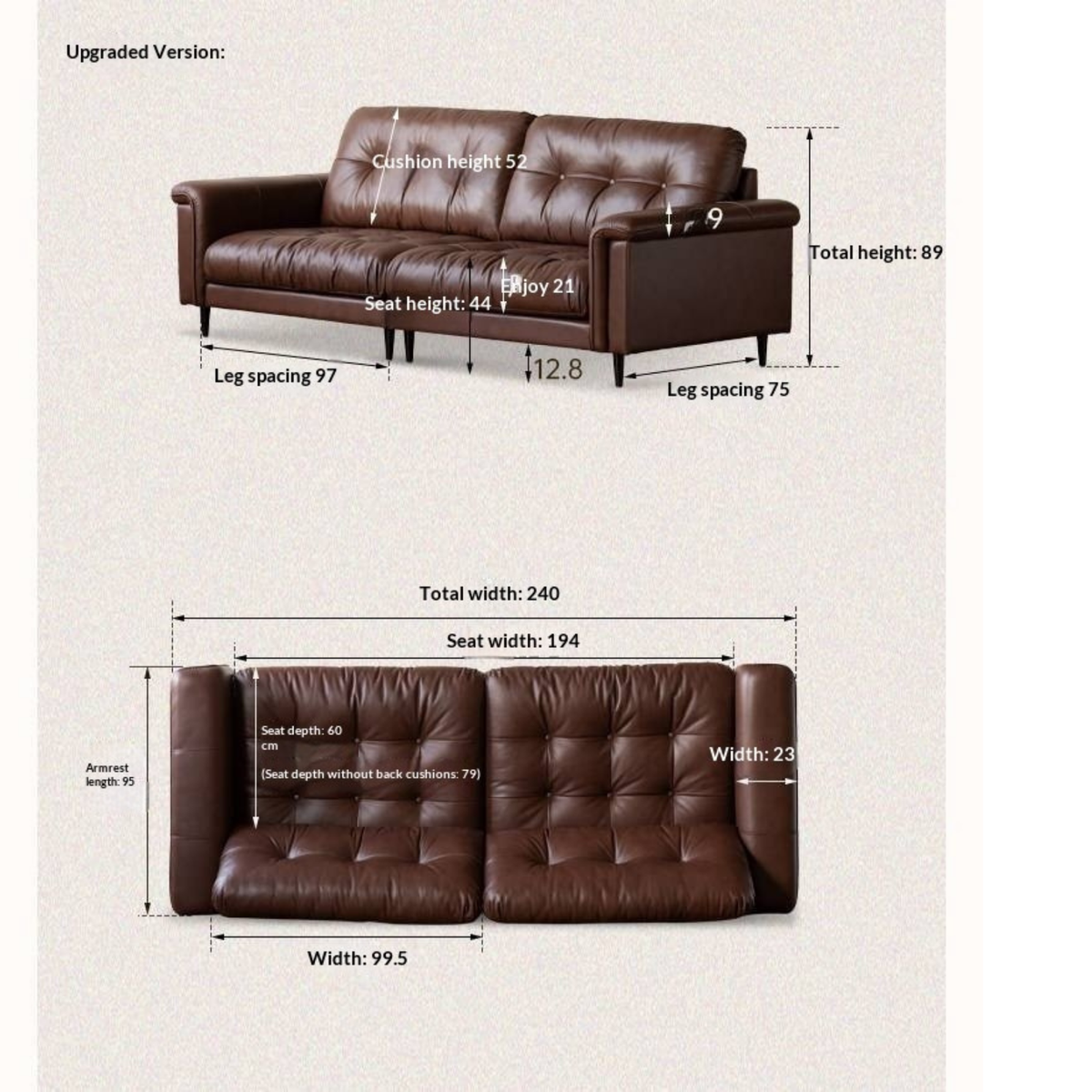 Genuine Leather Biscuit Tufted Leather Sofa with Track Arms