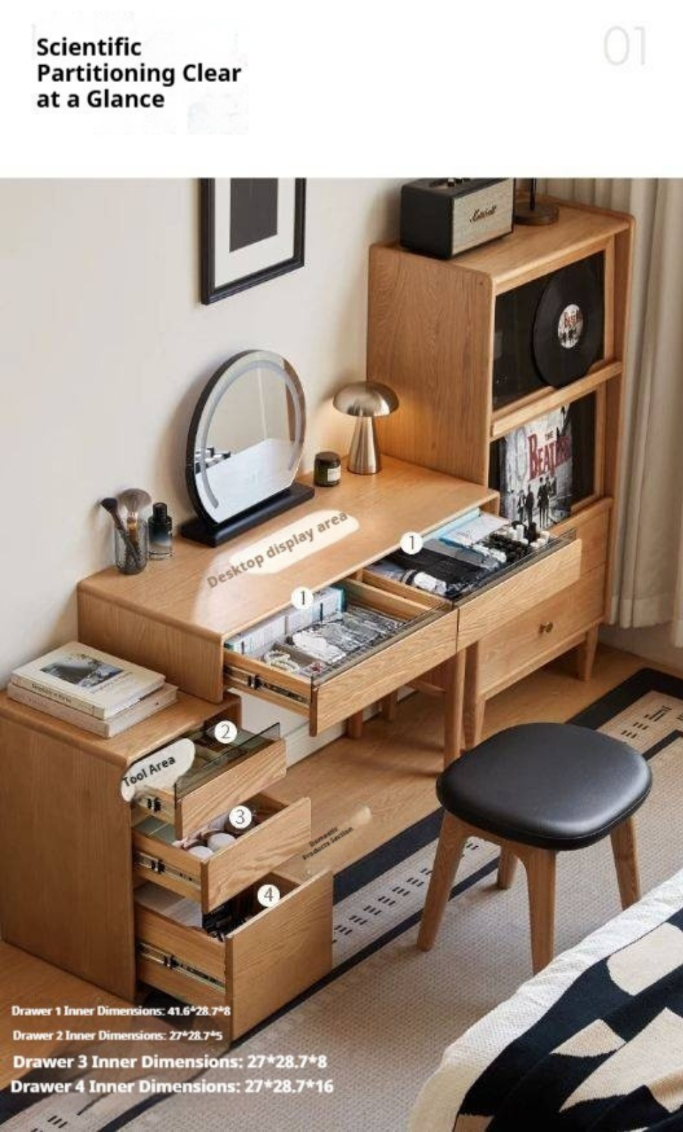 Ash, White Ash, Oak Solid Wood Modern Retractable Vanity Table