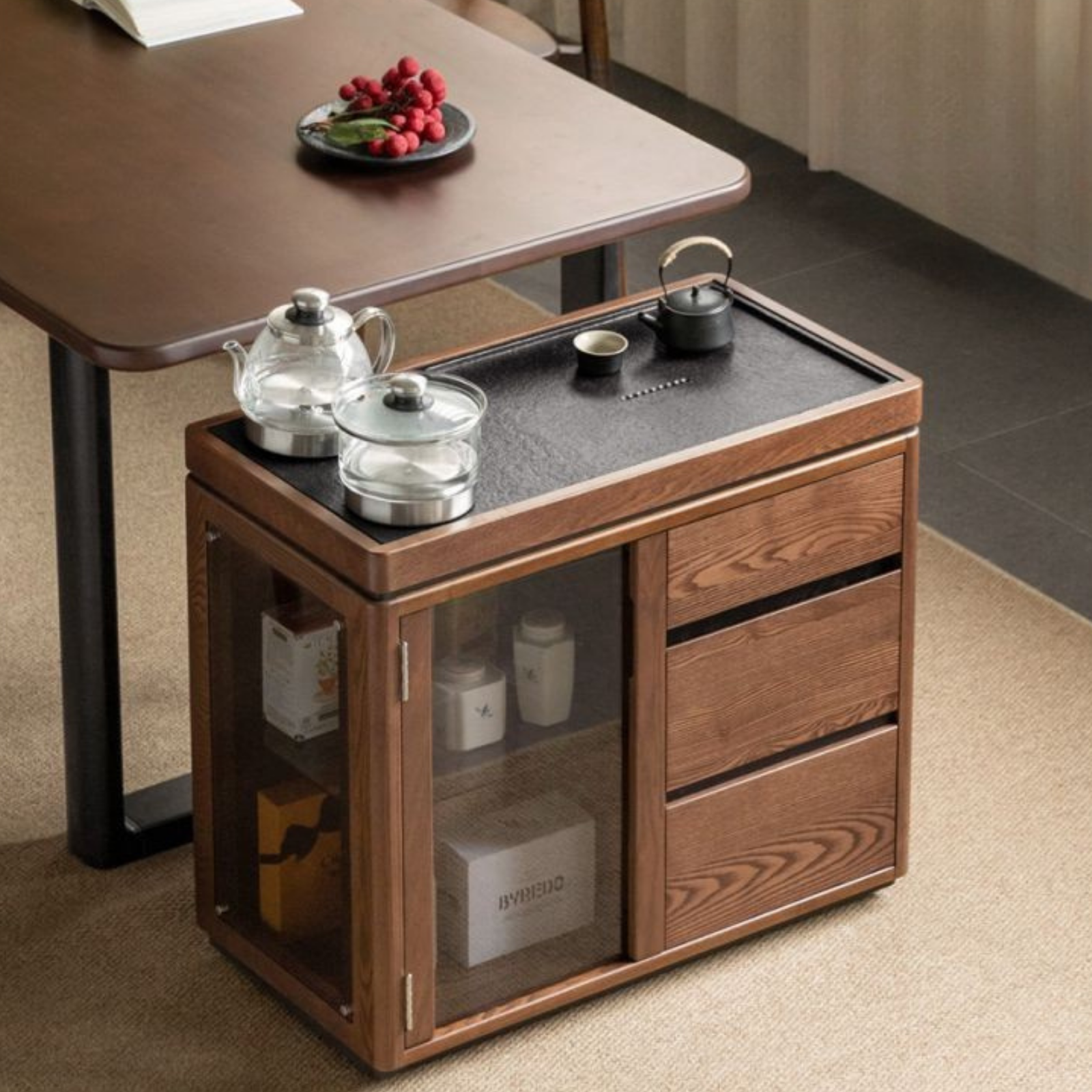 Ash Solid Wood Mobile Tea Cabinet Kettle Integrated
