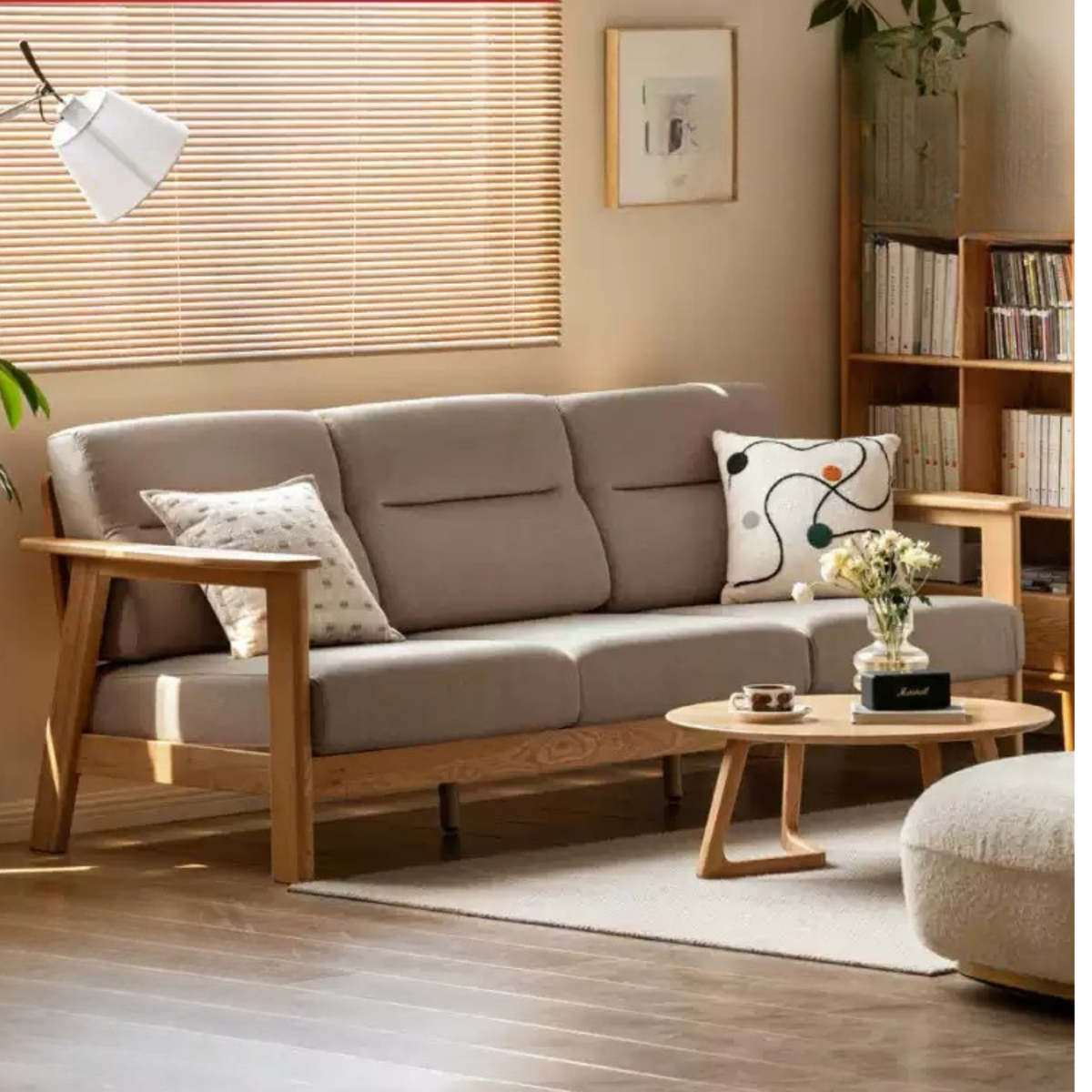 Ash Solid Wood Sofa with Slatted Base and Exposed Frame Arms