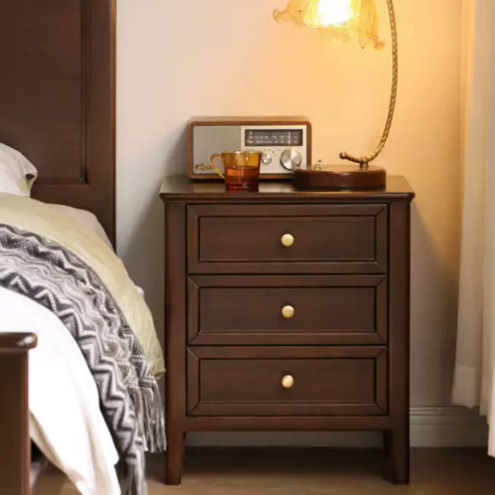 Black Walnut, Poplar, Ash Solid Wood Retro Three-Drawer Nightstand