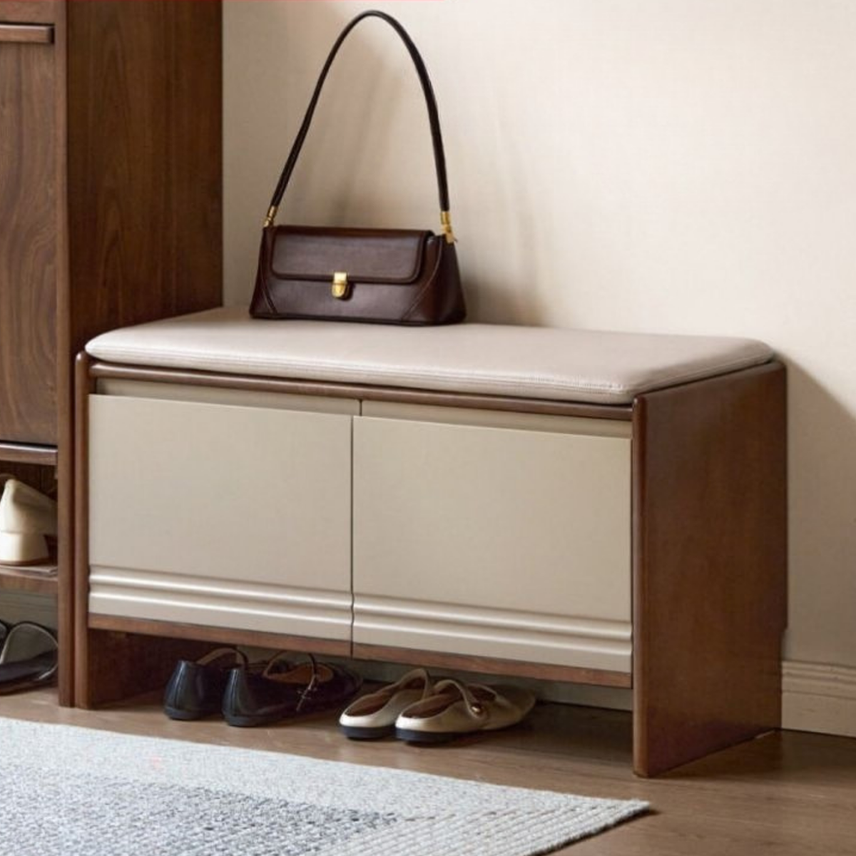 Solid RubberWood Shoe Storage Bench with Doors and Cushioned Top