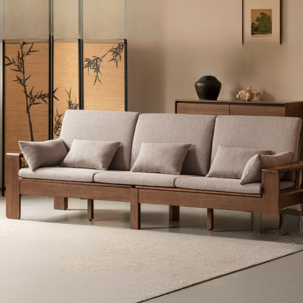 Black Walnut, Sandalwood Solid Wood Fabric Sofa with Raised Legs, Winter/Summer Use