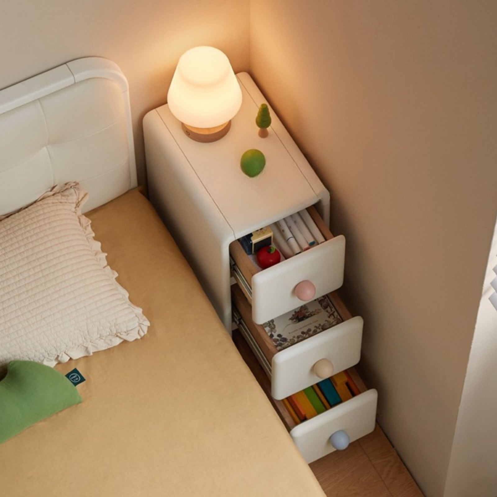 Solid Rubberwood Cream Style Ultra-narrow Children's Nightstand
