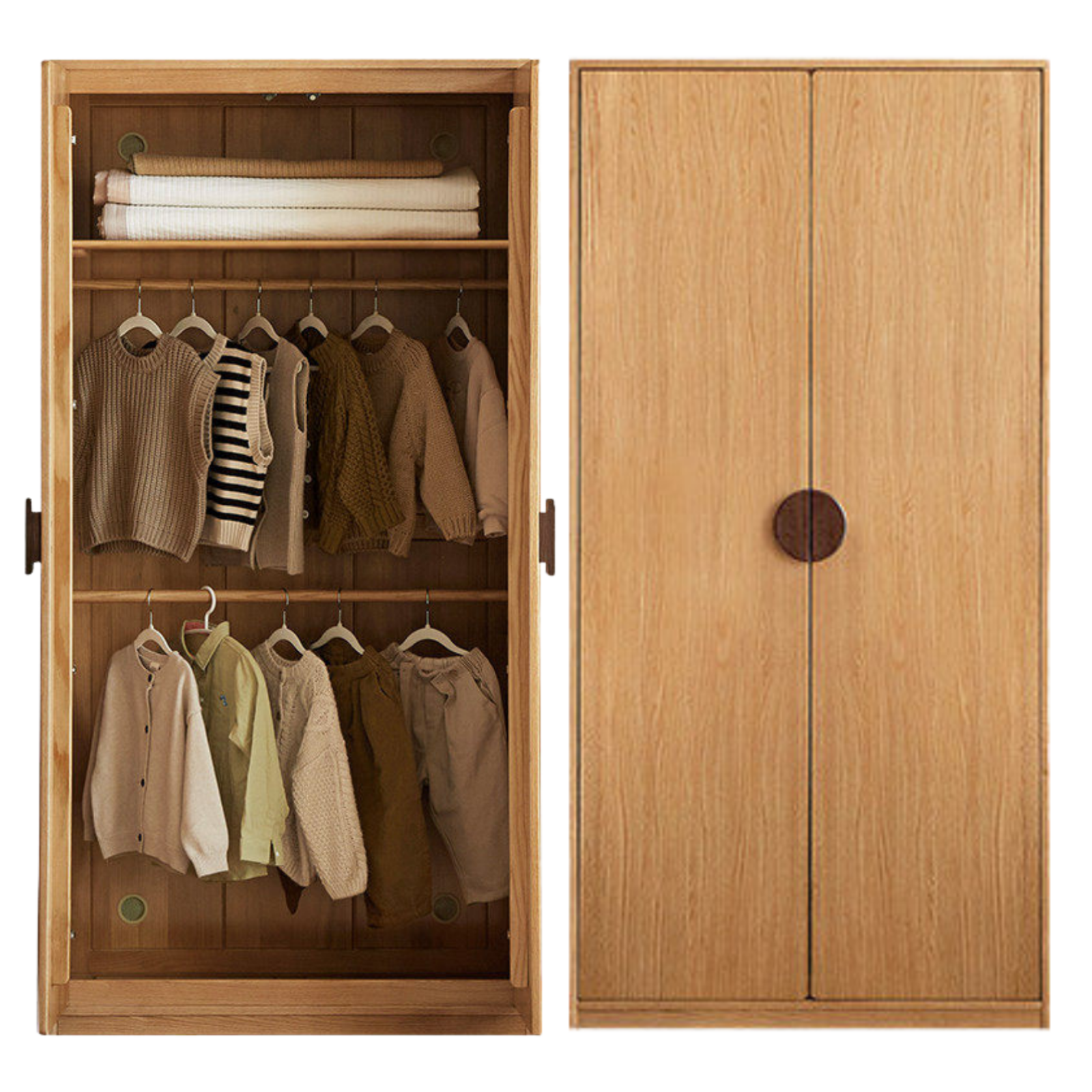 Oak Solid Wood Kids Wardrobe Armoire with Open Shelf and Drawer Combo