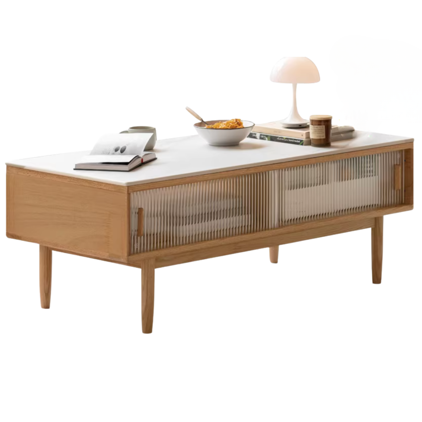 Oak, Beech, Solid Rubberwood Glass Doors Coffee Table