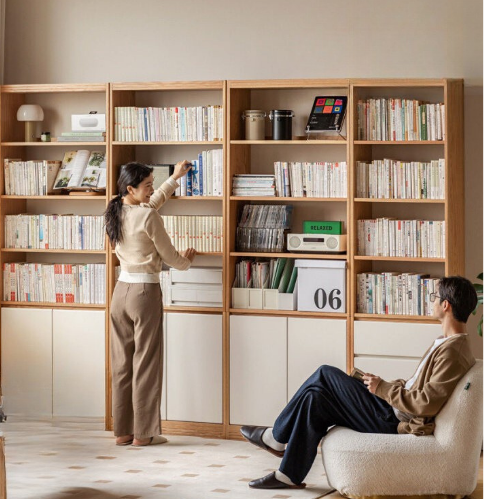 Oak Solid Wood Cream Wind Floor Bookshelves