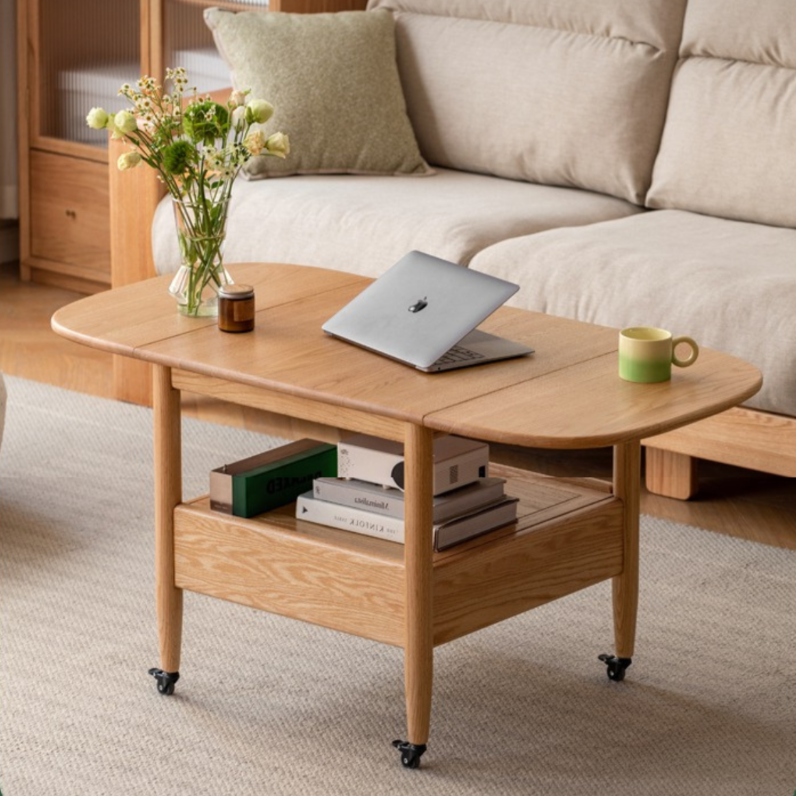 Oak, Beech Solid Wood Folding Mobile Coffee Table