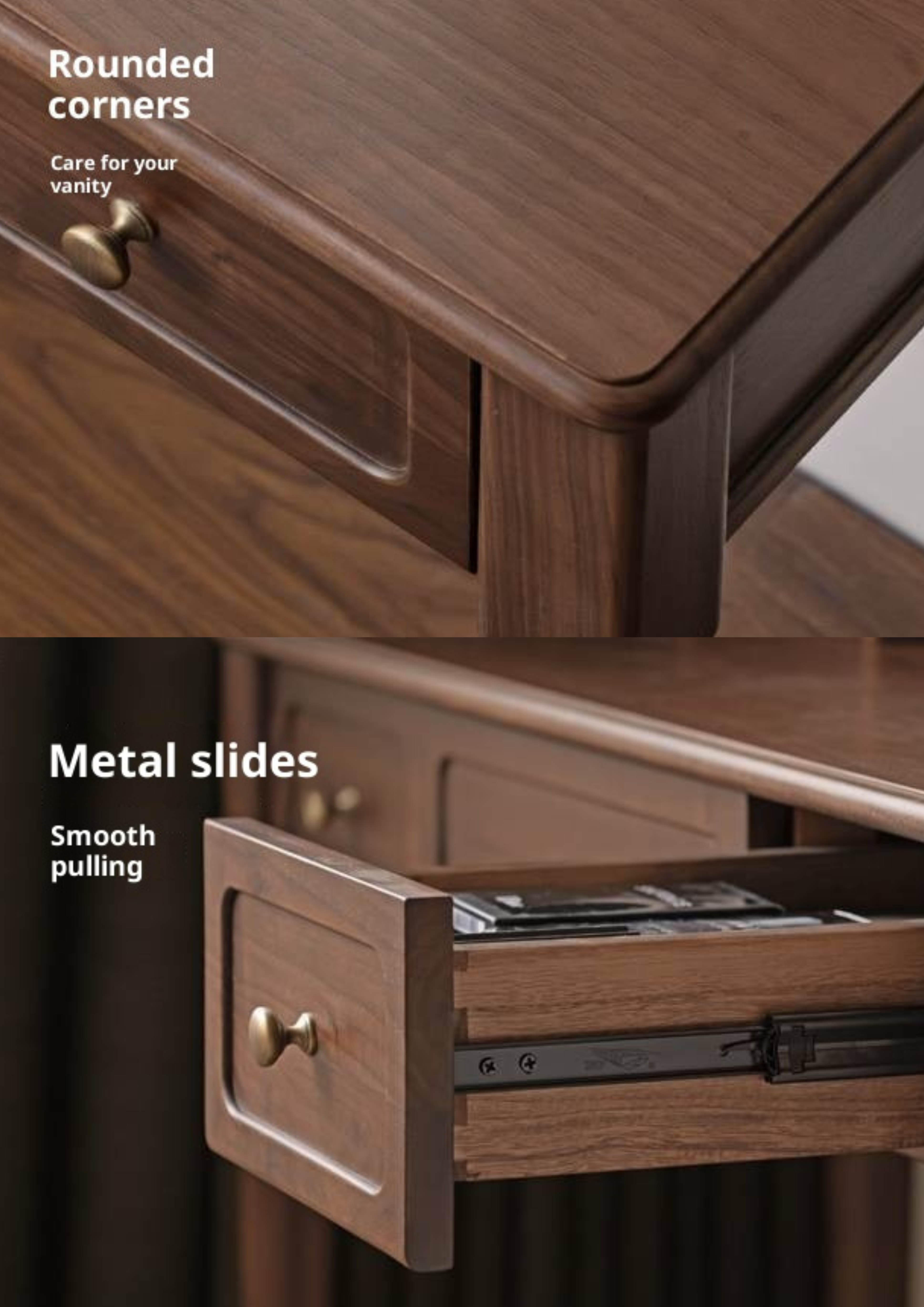 Black Walnut, Tulipwood Solid Wood Retro Style Vanity Table With Built-In Mirror