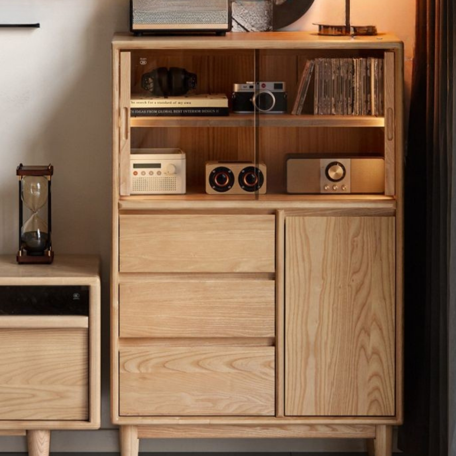 Ash Solid Wood Modern Minimalist Side Cabinet with Light.