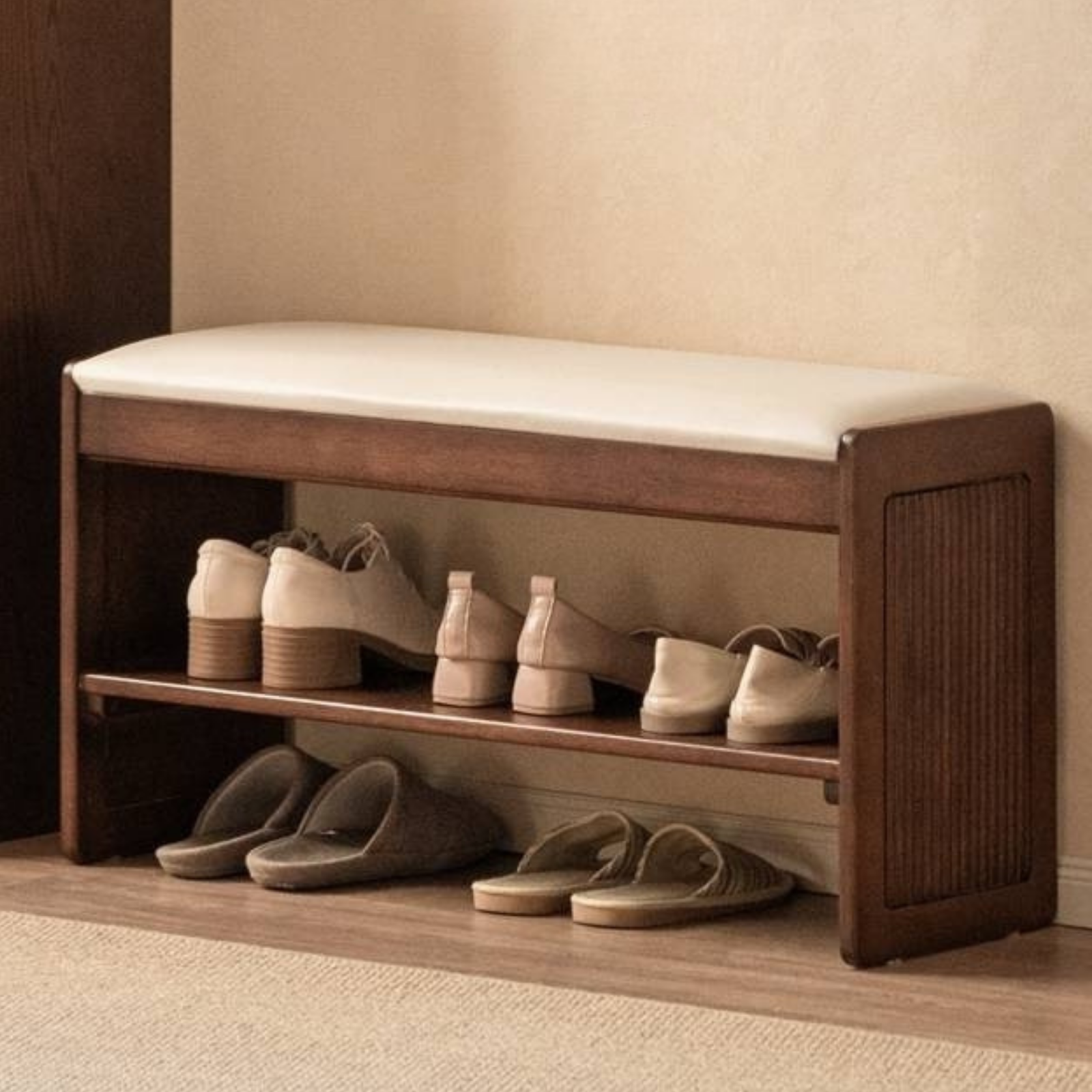 Solid Rubberwood Entryway Shoe Stool with Flip Top.