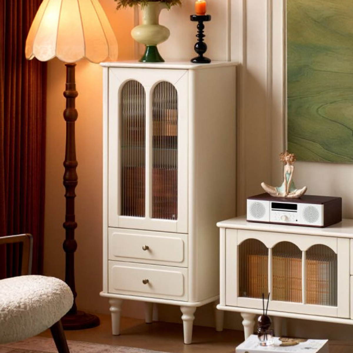 Solid RubberWood French Accent Cabinet with Round Arch Glass Doors and Turned Legs