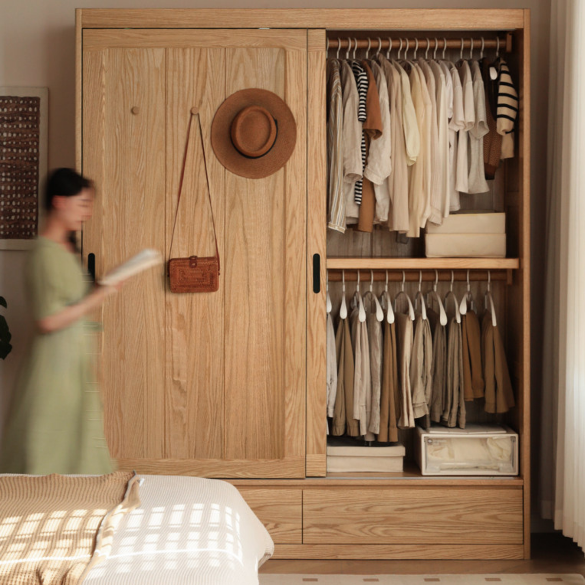 Ash Solid Wood Wardrobe Sliding Door Modern
