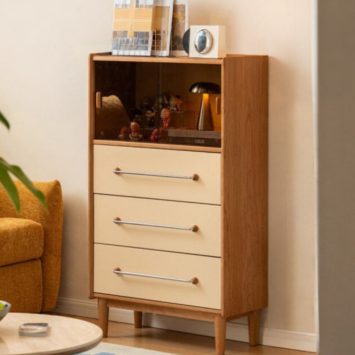 Cherry Solid Wood Tall Chest with Sliding Glass Display Cabinet and Color-Block Drawer Fronts