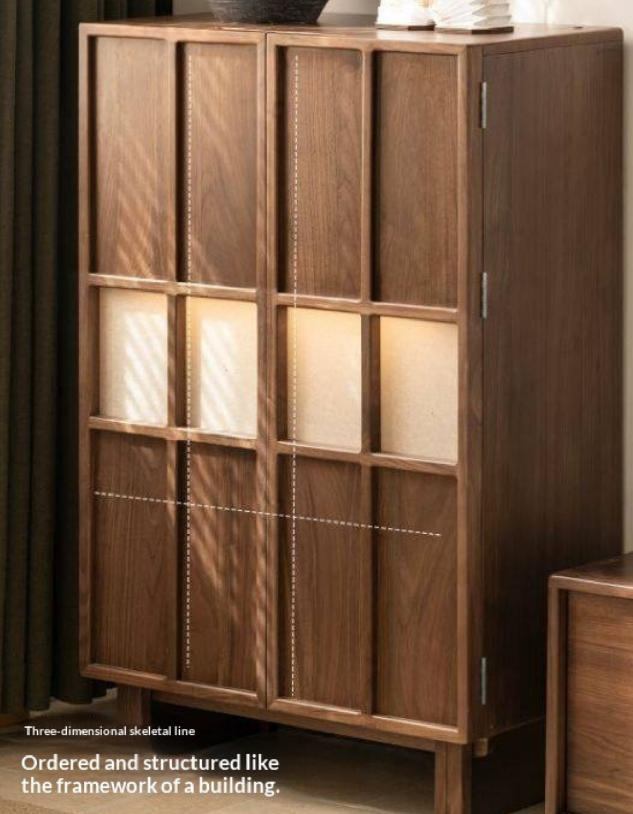 Black Walnut Solid Wood Lattice Door Side Cabinet with LED Lighting