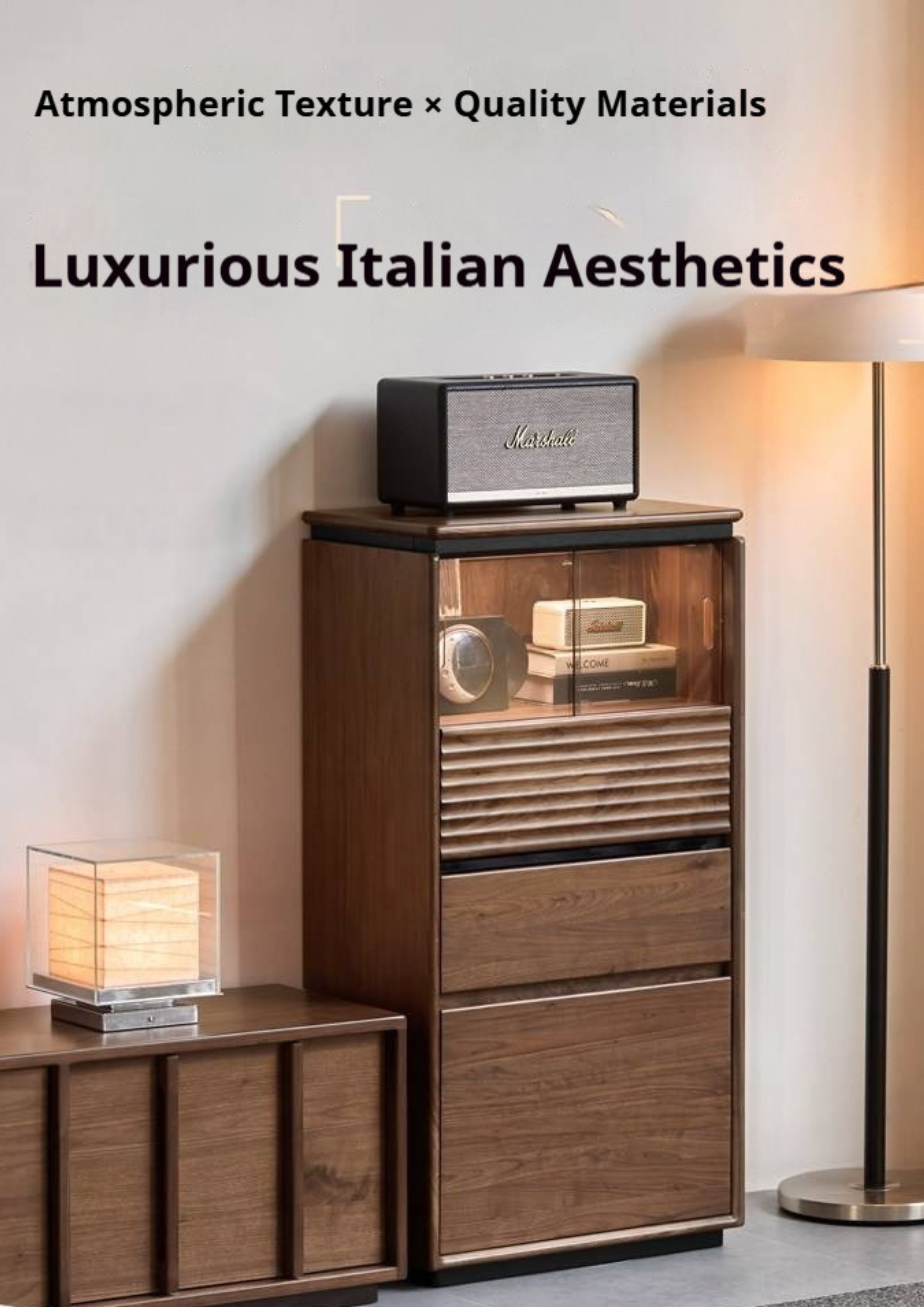 Black Walnut, Ash, Oak Solid Wood Tall Side Cabinet with Louvered Sliding Door and LED Lighting