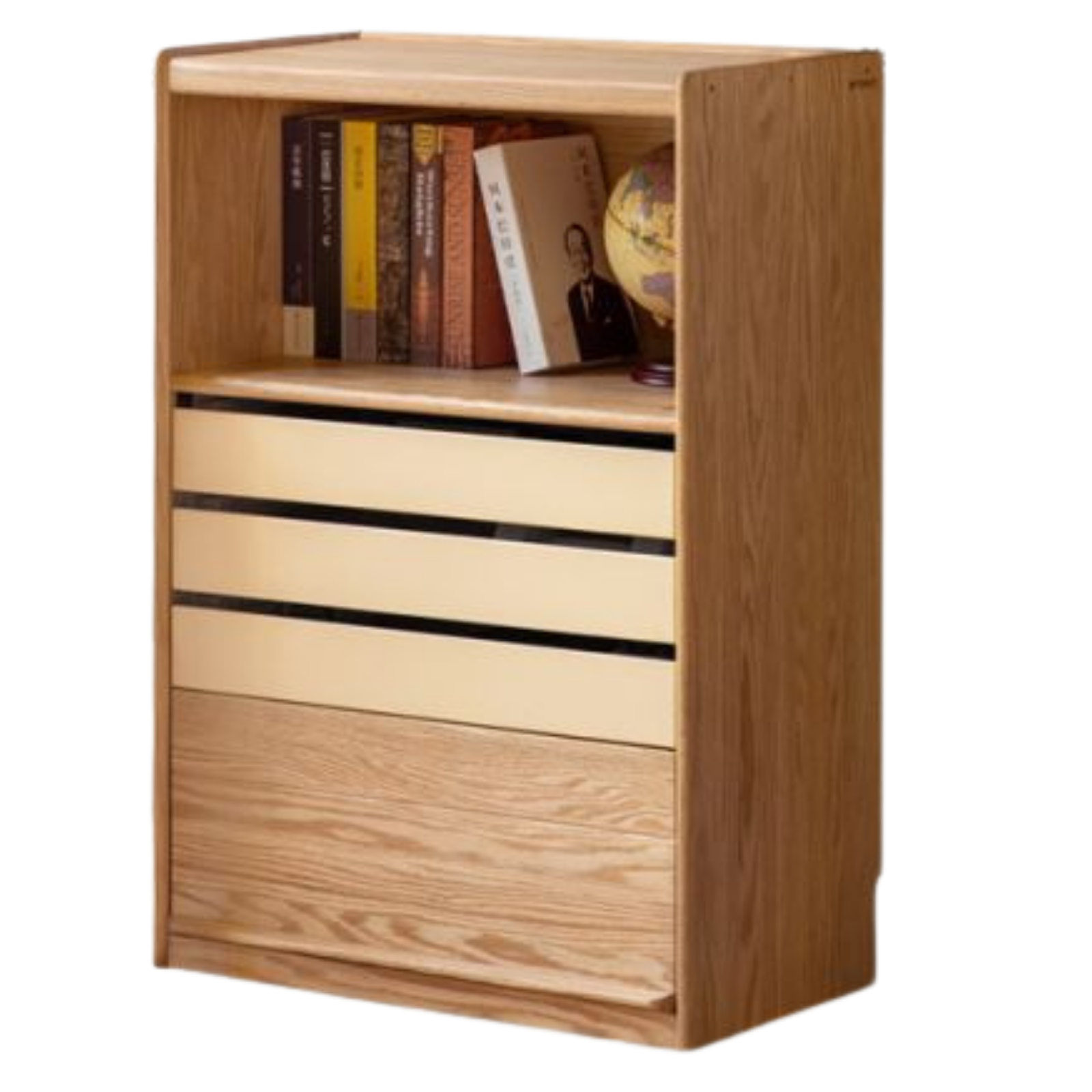 Oak Solid Wood Tall Side Cabinet with Open Shelf and Color Block Drawers