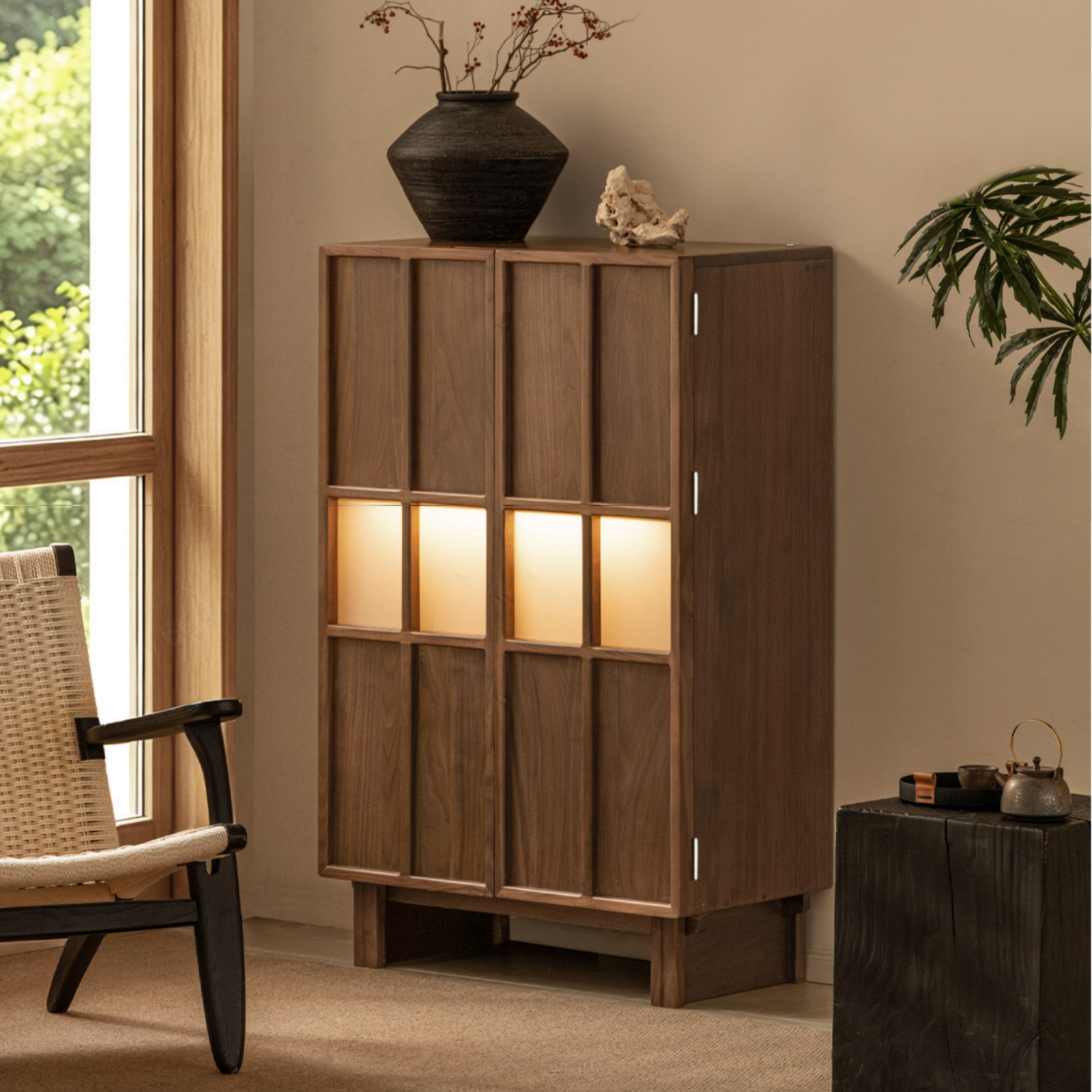 Black Walnut Solid Wood Lattice Door Side Cabinet with LED Lighting