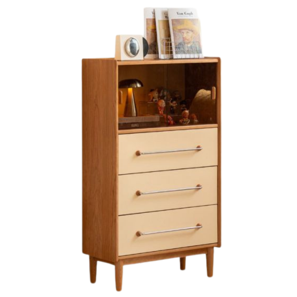 Cherry Solid Wood Tall Chest with Sliding Glass Display Cabinet and Color-Block Drawer Fronts